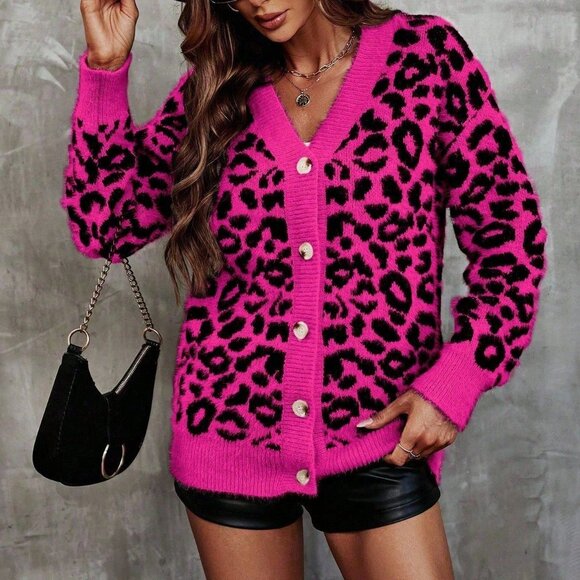 Hot Pink Casual Women's Contrast Color Leopard Print Long Sleeve Knit Cardigan - Picture 4 of 6